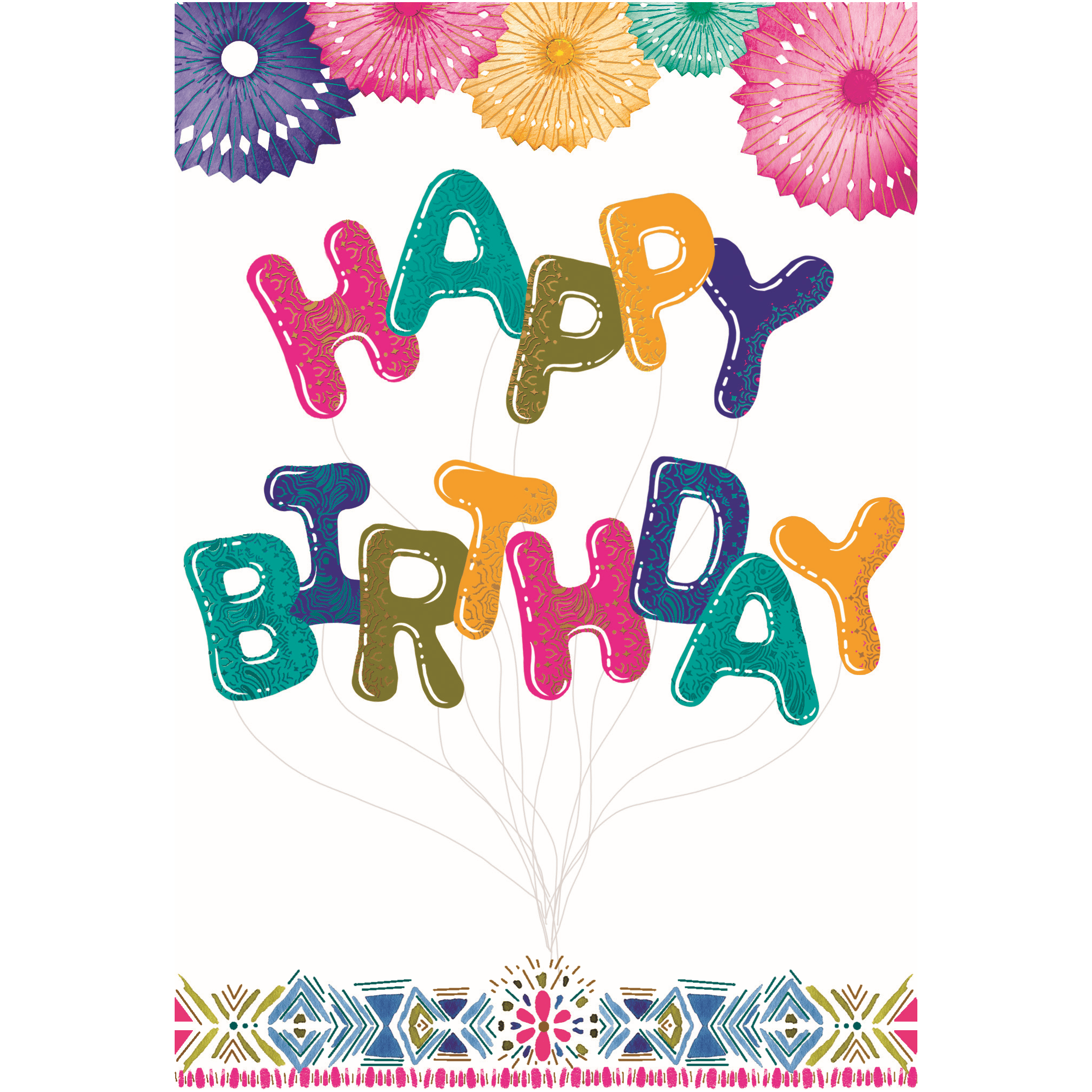 Colorful happy birthday balloons on Pictura birthday card, featuring festive illustrations for celebrating special occasions.